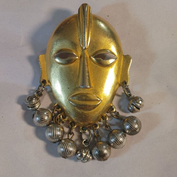 Large Tribal Mask Brooch Pin Mayan Aztec African Vintage Dangling Silver Balls - Picture 10 of 13